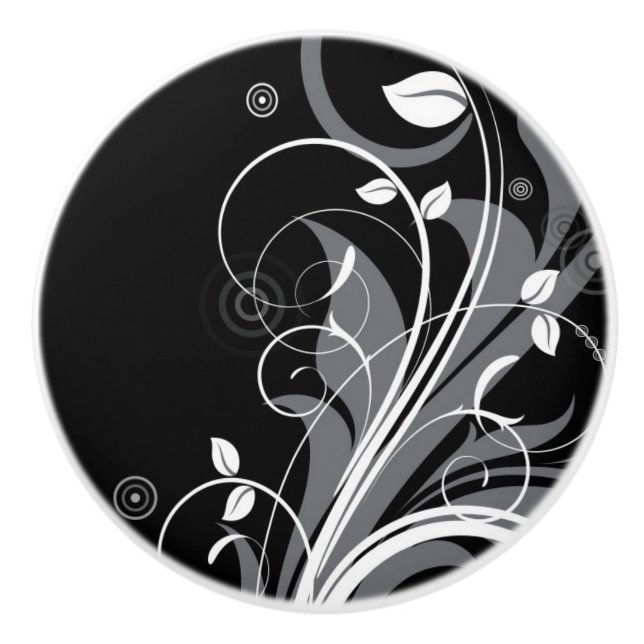 Grey Floral Pattern on Black Ceramic Knob (Front)