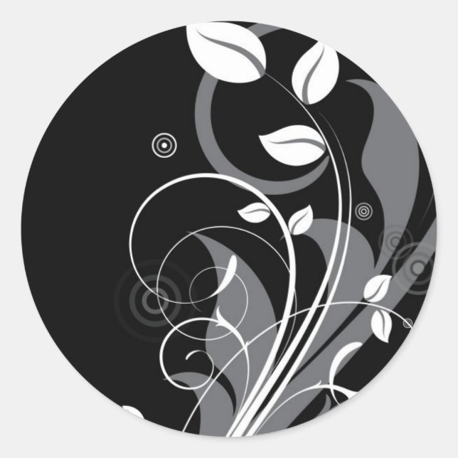 Grey Floral Pattern on Black Classic Round Sticker (Front)