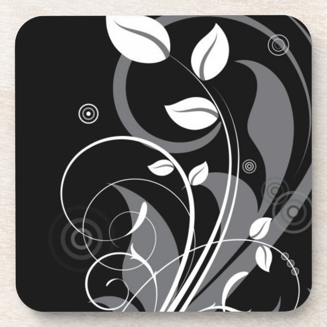 Grey Floral Pattern on Black Coaster (Front)