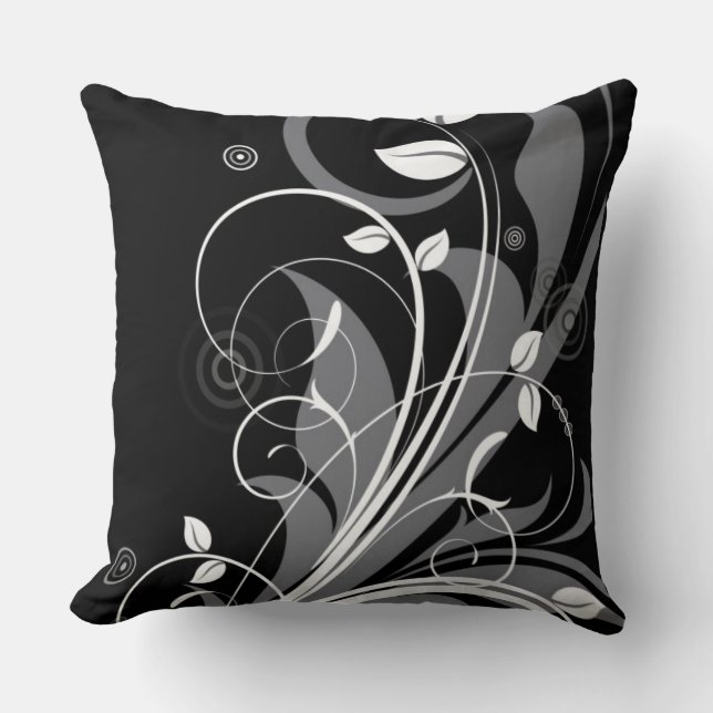 Grey Floral Pattern on Black Cushion (Front)
