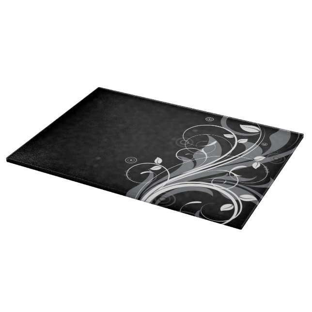 Grey Floral Pattern on Black Cutting Board (Corner)