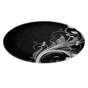 Grey Floral Pattern on Black Cutting Board