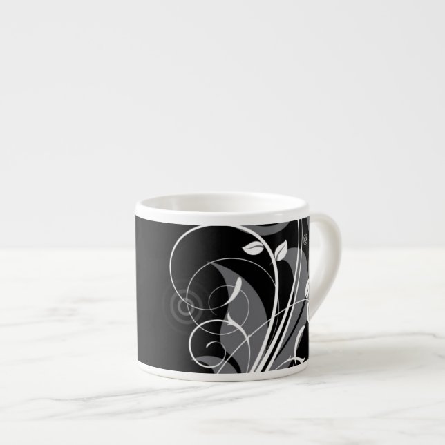 Grey Floral Pattern on Black Espresso Cup (Front Right)