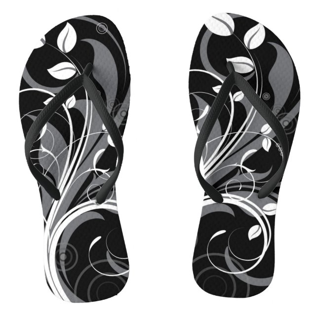 Grey Floral Pattern on Black Jandals (Footbed)
