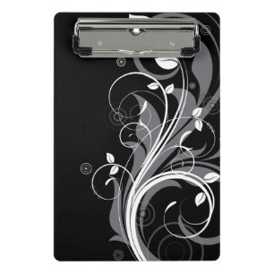 Grey Floral Pattern on Black Mini Clipboard