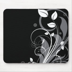 Grey Floral Pattern on Black Mouse Pad