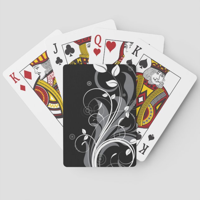 Grey Floral Pattern on Black Playing Cards (Back)