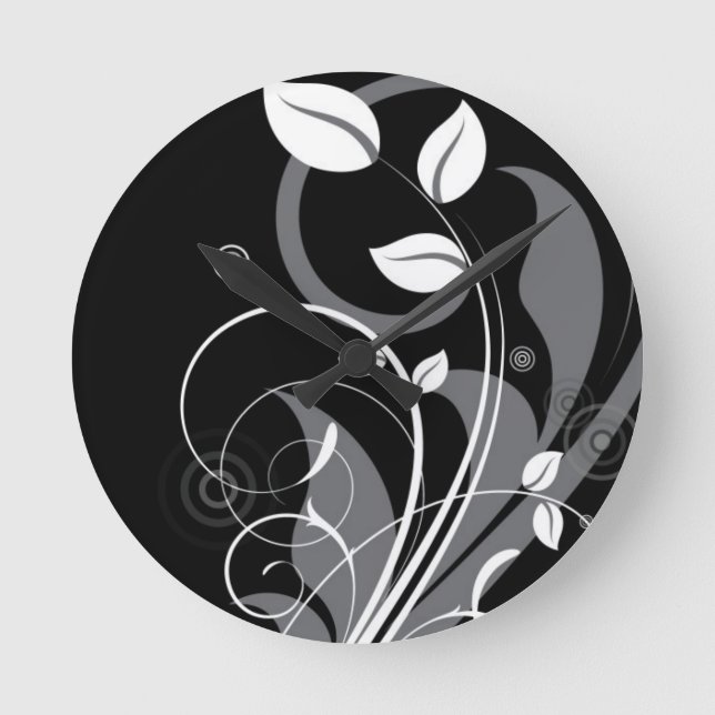 Grey Floral Pattern on Black Round Clock (Front)