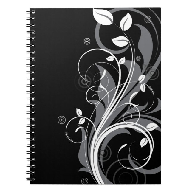 Grey Floral Pattern on Black Spiral Notebook (Front)