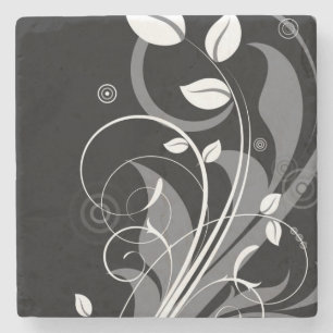 Grey Floral Pattern on Black Stone Coaster