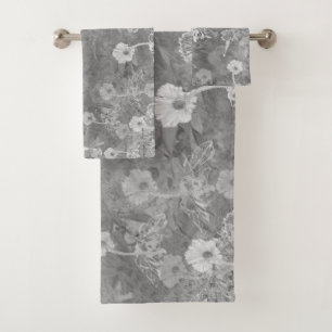 Grey Floral Print Bathroom Towels