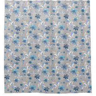 Grey floral , retro , grey , blue , elegant shower curtain