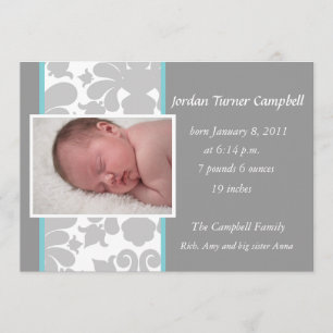 Grey Floral Ribbon Birth Announcement -turquoise