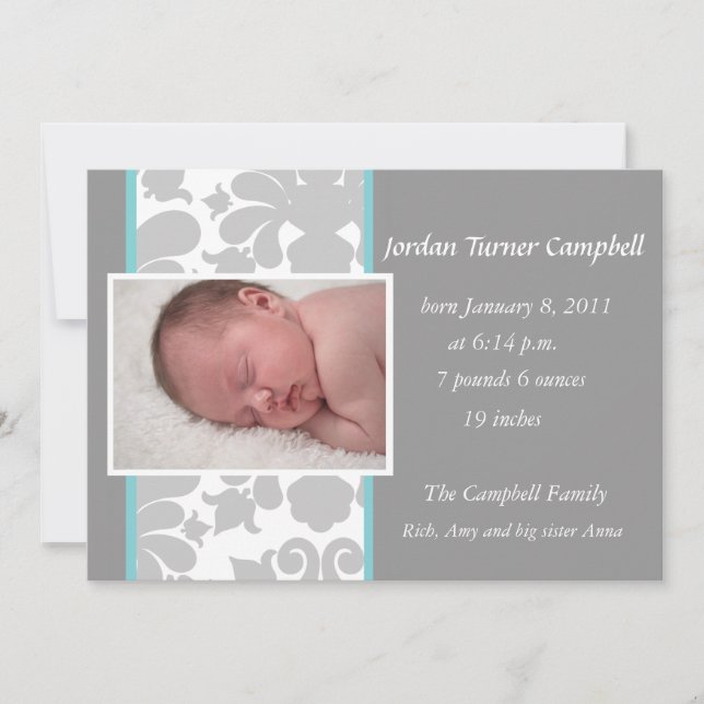 Grey Floral Ribbon Birth Announcement -turquoise (Front)