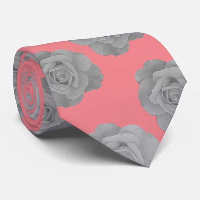 Grey Floral Rose Flowers Coral Pink Orange Elegant Tie (Rolled)