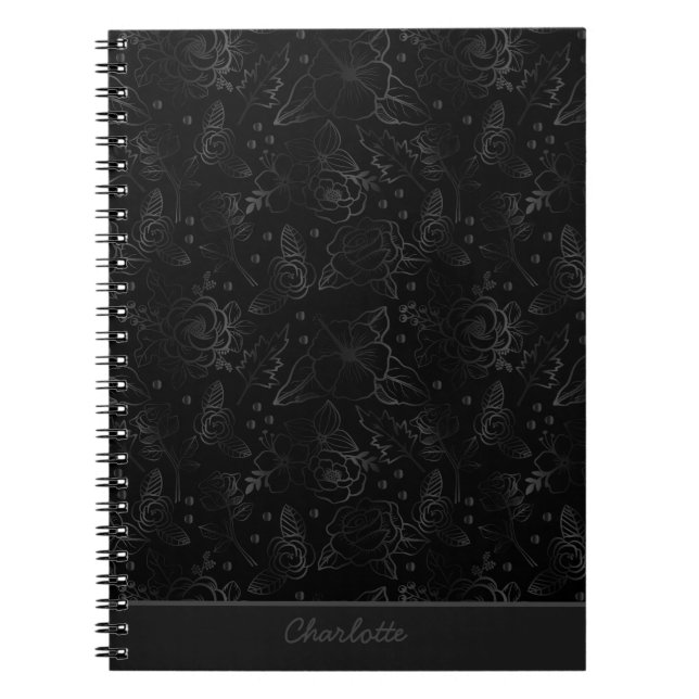 Grey floral seamless pattern personalised name  notebook (Front)