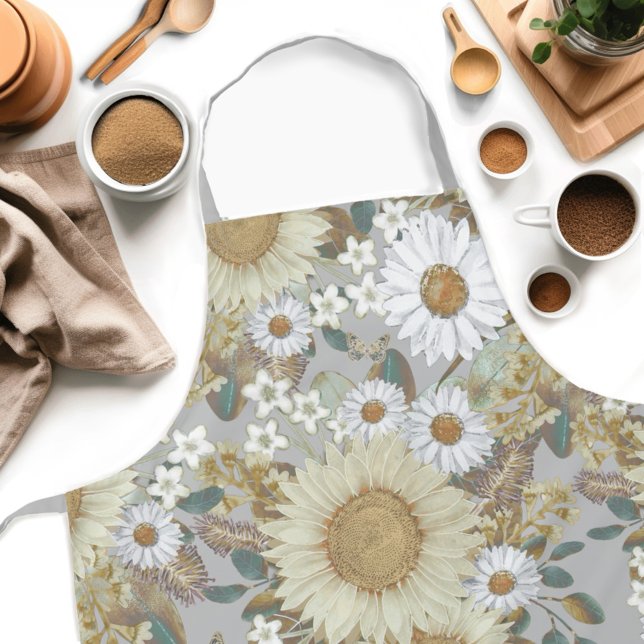 Grey Floral Sunflower Pattern Apron (Get creative in the kitchen with our Country Sunflower Womens apron! )