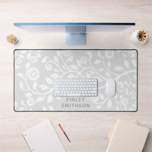 Grey Floral Swirls Template Elegant Classy Stylish Desk Mat