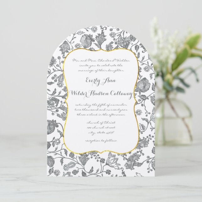 Grey Floral Toile Border Custom Colour Wedding Invitation (Standing Front)