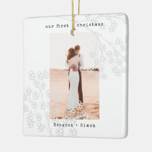 Grey Floral Typewriter   Merry and Married Photo Ceramic Ornament