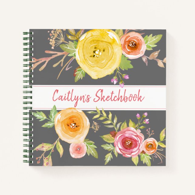 Grey floral watercolor sketchbook script name chic notebook (Front)