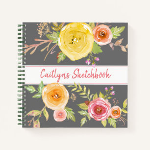 Grey floral watercolor sketchbook typography name notebook