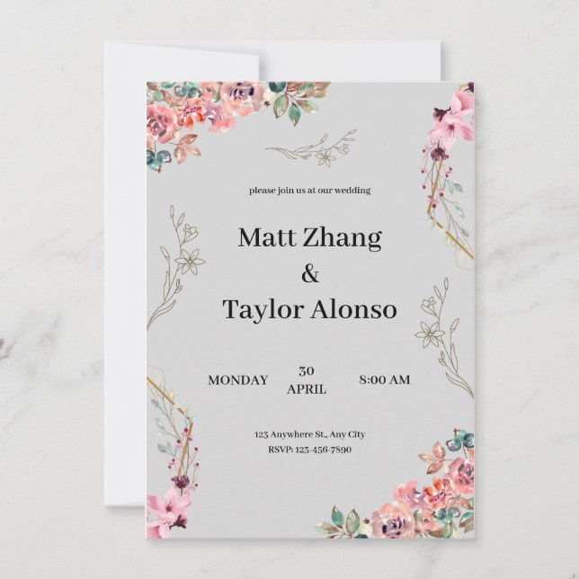 Grey floral wedding invitation (Front)