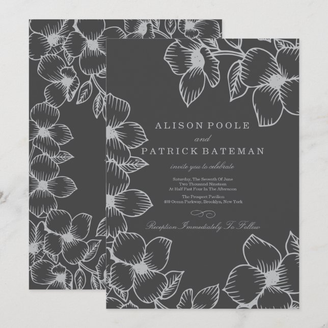Grey Floral Wedding Invitations (Front/Back)