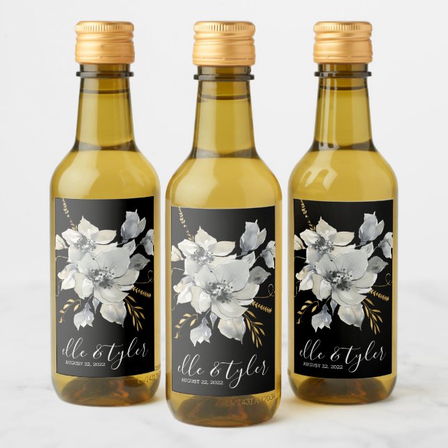 Grey Floral Wedding Mini Wine Bottle Label (Bottles)