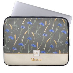 Grey Floral Wildflower Monogram Laptop Sleeve