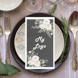 Grey florals beige business logo napkin