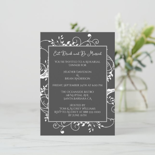 Grey Flourish Rehearsal Dinner Invitation (Standing Front)