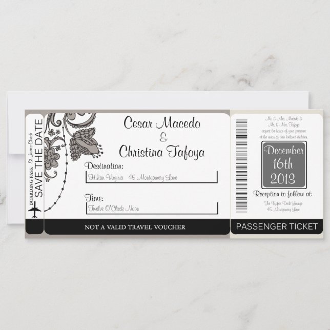 Grey Flourish Swi Boarding Pass Wedding Invitation (Front)