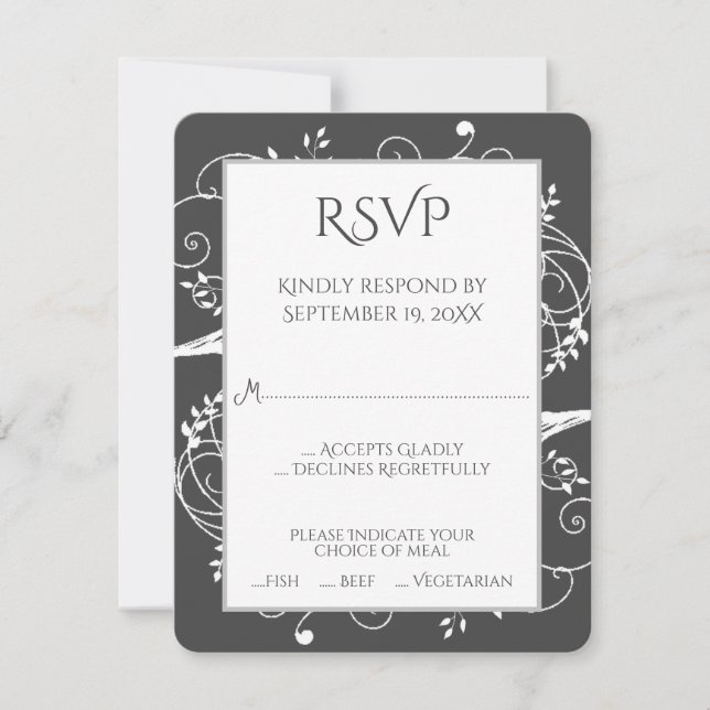 Grey Flourish Wedding RSVP Card (Front)
