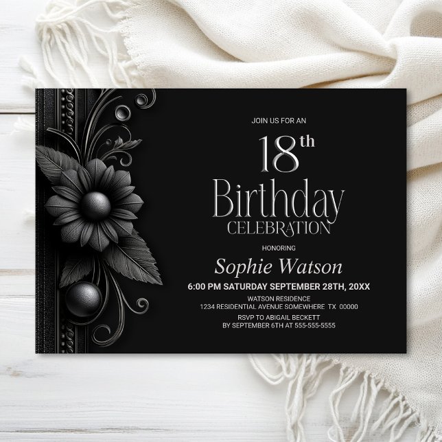 Grey Flower 18th Birthday Party Invitation (Creator Uploaded)