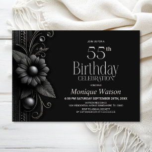 Grey Flower 55th Birthday Party Invitation