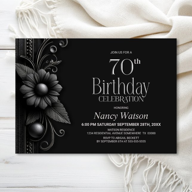 Grey Flower 70th Birthday Party Invitation (Creator Uploaded)