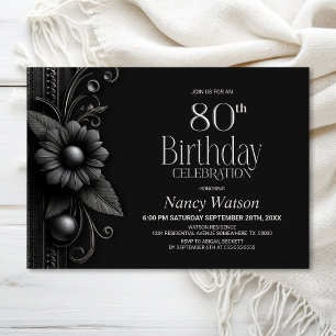 Grey Flower 80th Birthday Party Invitation