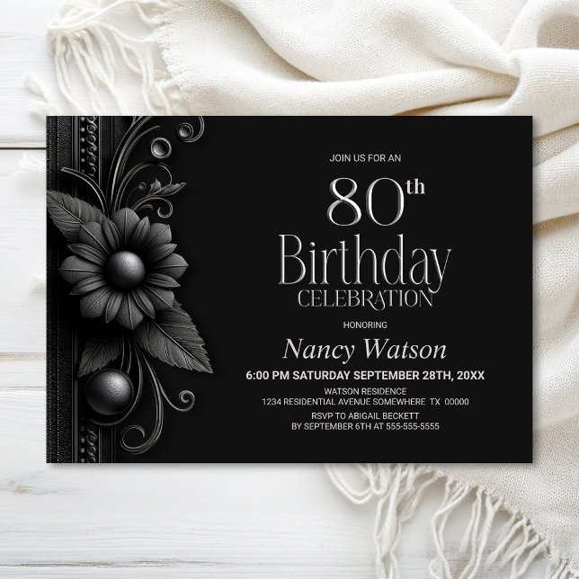 Grey Flower 80th Birthday Party Invitation (Creator Uploaded)