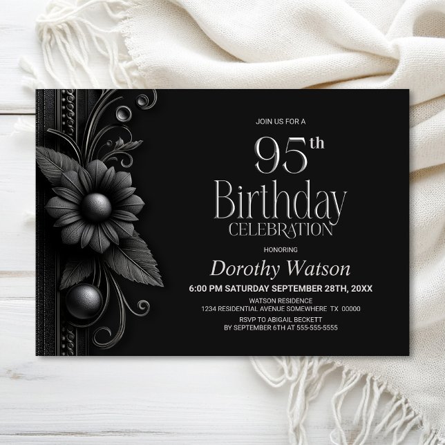 Grey Flower 95th Birthday Party Invitation (Creator Uploaded)