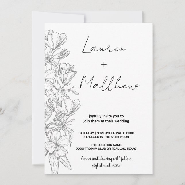 Grey Flower Art Wedding Invitations (Front)
