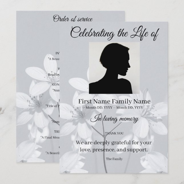 Grey flower order of service invitation (Front/Back)