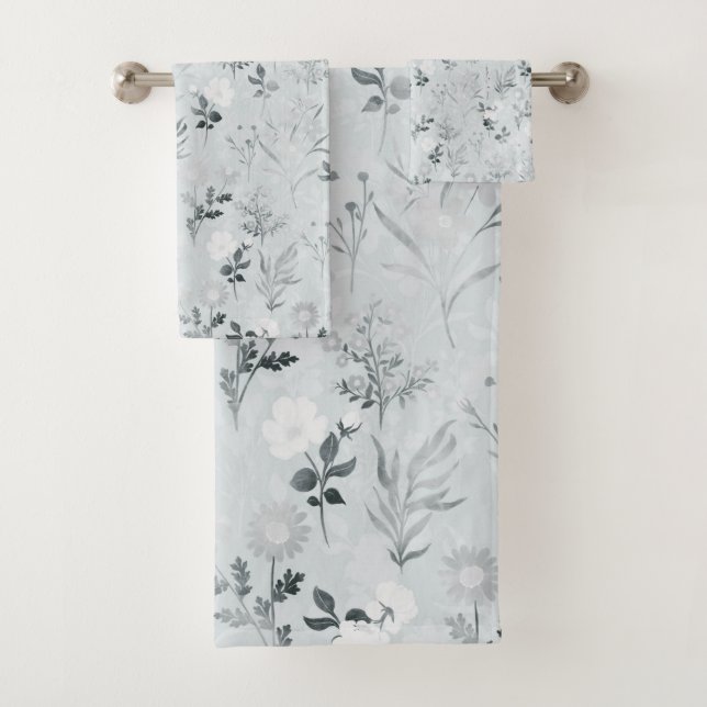 Grey Flowers Painting Botanical Bath Towel Set (Insitu)