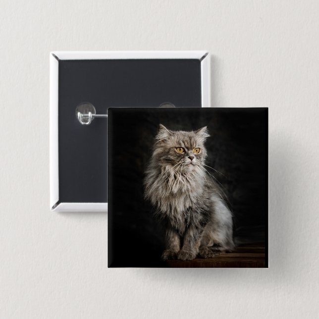 Grey Fluffy Cat  15 Cm Square Badge (Front & Back)