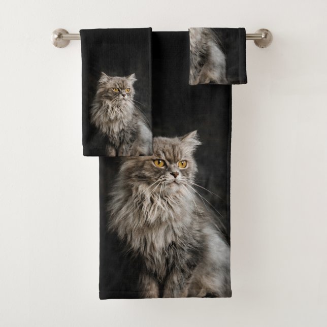 Grey Fluffy Cat  Bath Towel Set (Insitu)