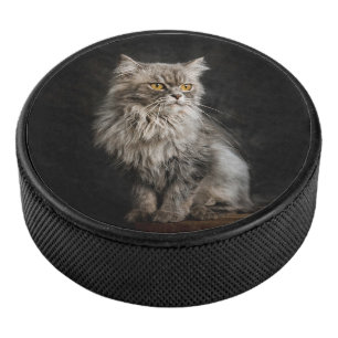 Grey Fluffy Cat Hockey Puck