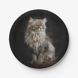 Grey Fluffy Cat Paper Plate