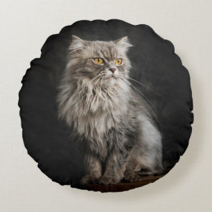 Grey Fluffy Cat Round Cushion