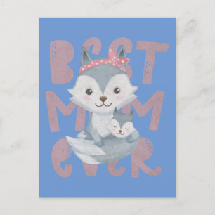 Grey Fox Mum and Cub - Best Mum Ever Postcard