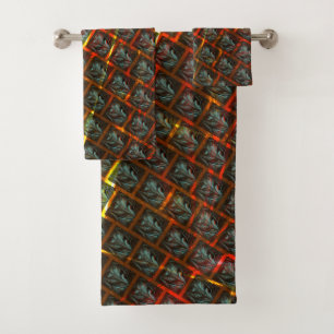 Grey 'framed eyes', grazes, squares or red grating bath towel set